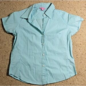 Bogari Women's Blue Button Up Shirt M Cotton Blend Woven Preppy Officecore